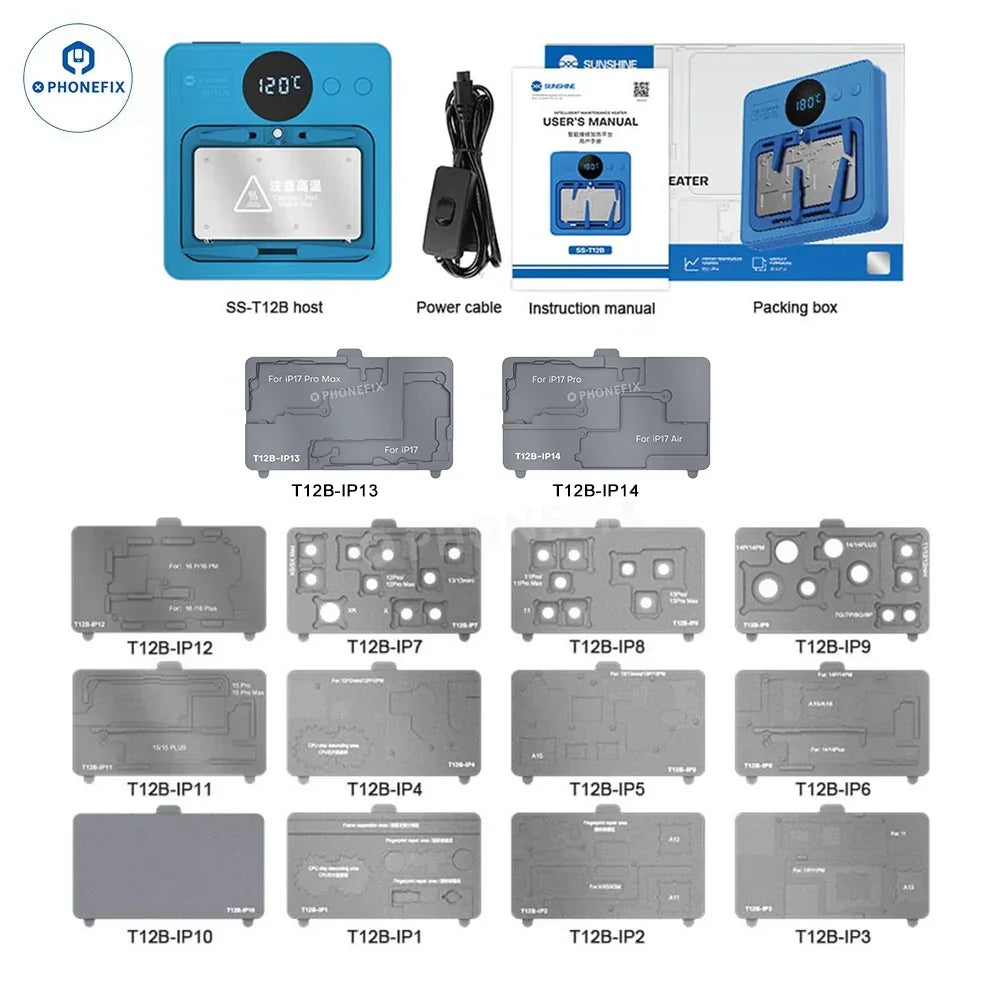 PHONEFIX SS-T12B PCB heating platform for Android and iPhone repair, shown with 15 heating pads set for motherboard heating.