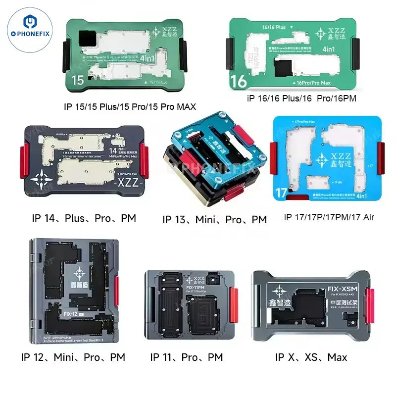 XZZ motherboard layered testing frame for iPhone X-16 Pro Max, a PCB separating fixture used for repair and testing.