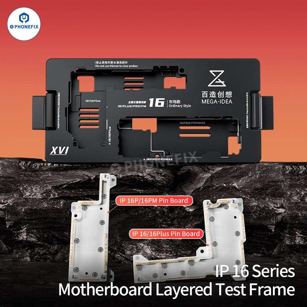 PHONEFIX MEGA-IDEA iPhone 16 Series 4-in-1 motherboard layered test frame for PCB separation and repair.