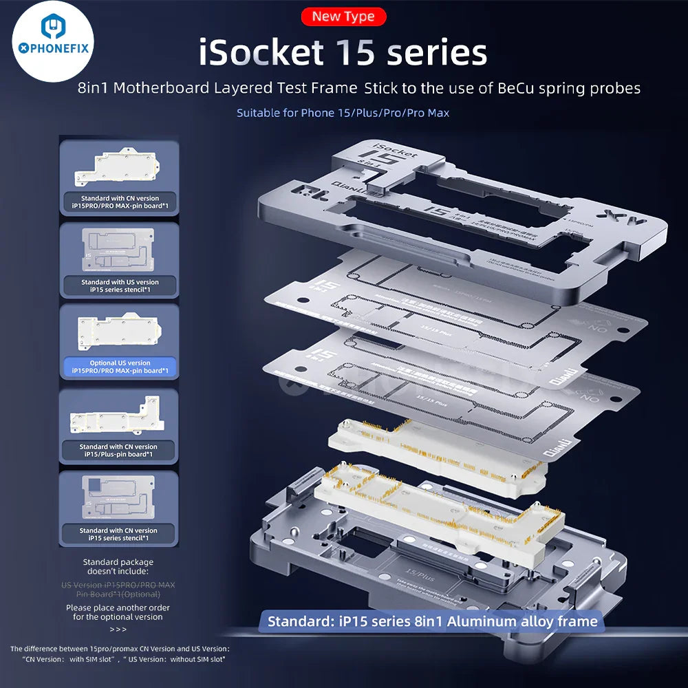 QianLi iSocket iPhone 15 series motherboard layered test fixture for PCB separation by PHONEFIX, with precise design for testing.