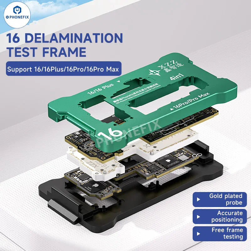 XZZ iSocket PCB separating fixture for iPhone 16 Plus/Pro Max motherboard layering test by PHONEFIX, showing the device on a work surface.