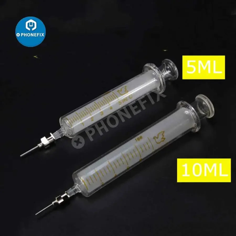 Glass syringe sampler dispensing tool for phone repair, used with solder paste flux in PCB soldering by PHONEFIX.