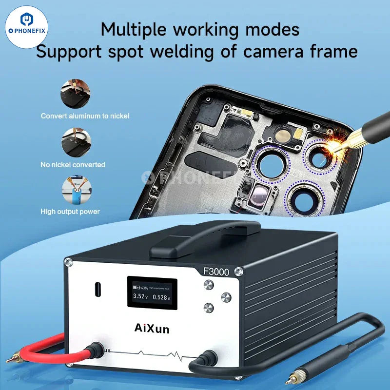 AiXun F3000 Farad Capacitor Spot Welder from PHONEFIX, PCB soldering tool with battery welding machine for electronic repairs.