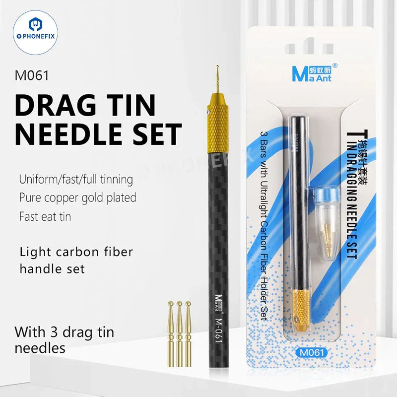 MaAnt M061 tin dragging needle FPC connector with gold plating, used for PCB soldering, displayed on a soldering tool.