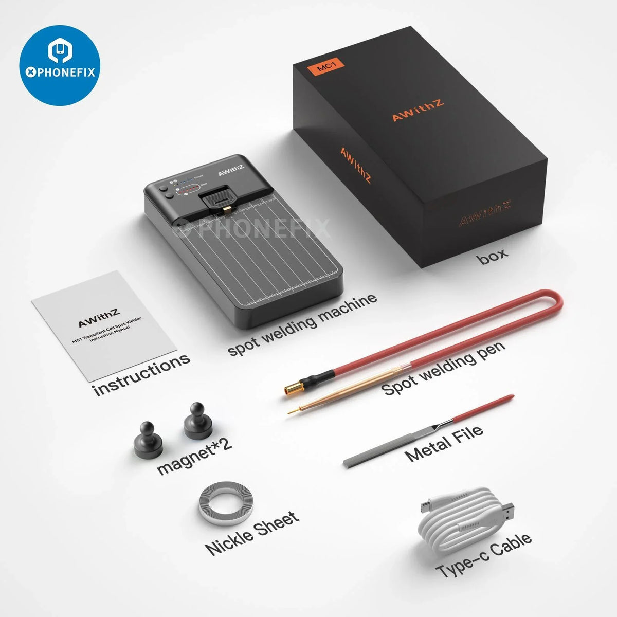 MC1 Mini Spot Welding Machine for iPhone battery flex repair, PCB soldering tool by PHONEFIX, used for precise micro welding.