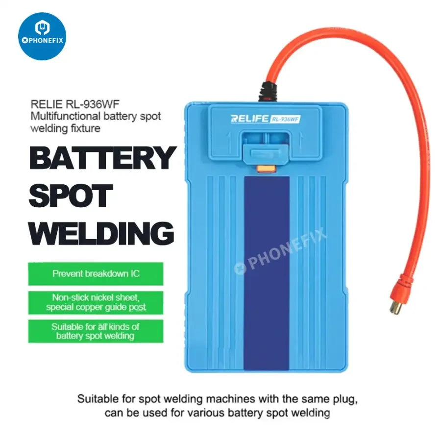 Relife RL-936WF battery spot welding machine fixture for PCB soldering, shown in a close-up image, used for precise welding tasks.