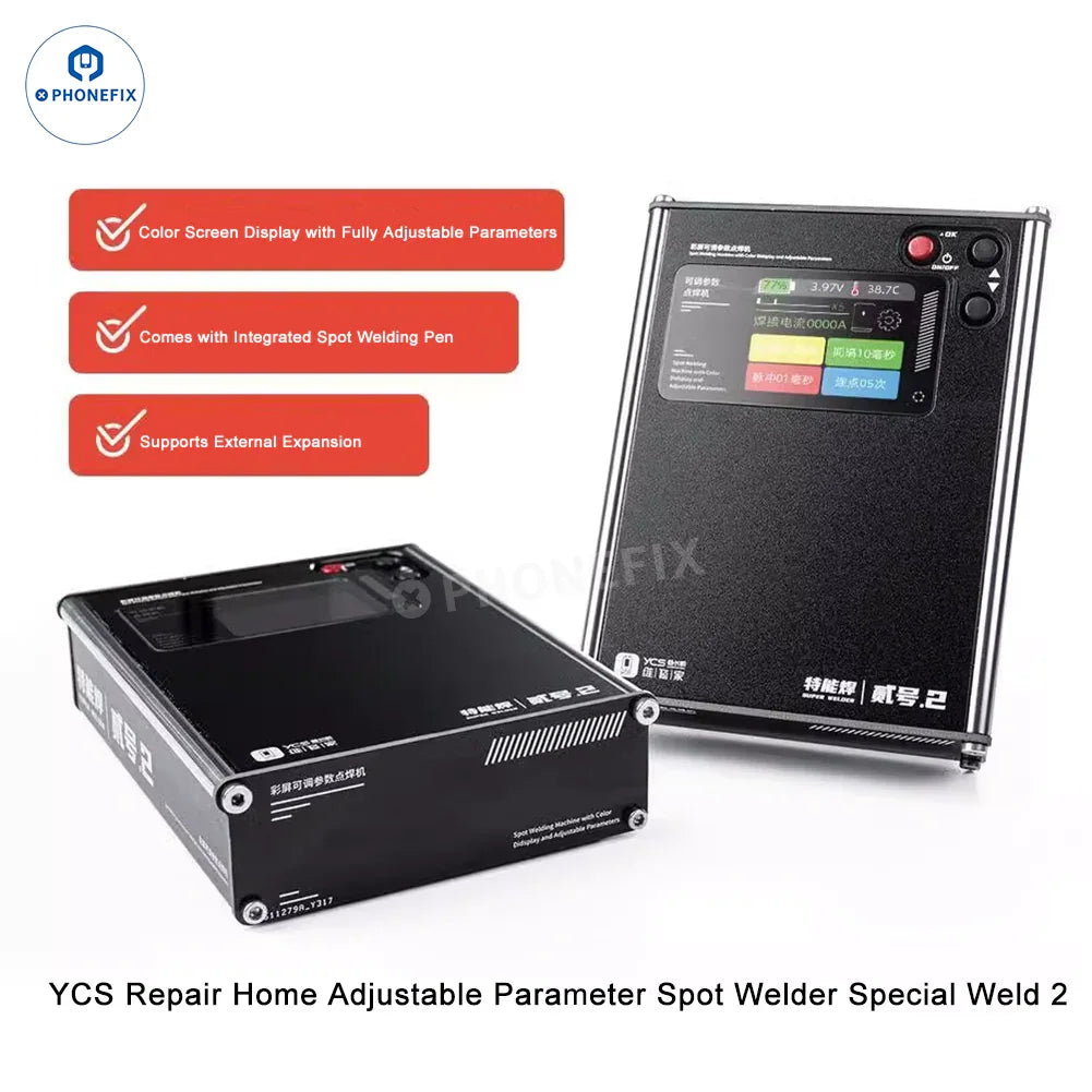 YCS adjustable parameter spot welder with color screen display, PHONEFIX PCB soldering tool for precise electronic welding.