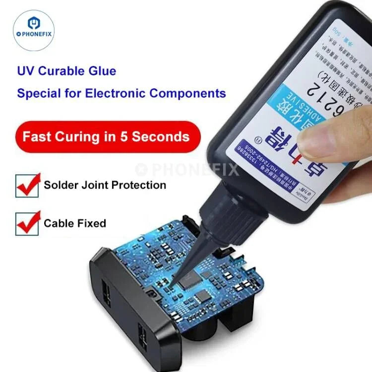 PHONEFIX UV transparent curing glue for phones, quick-drying, shadowless, ideal for fast repairs and bonding of electronic components.