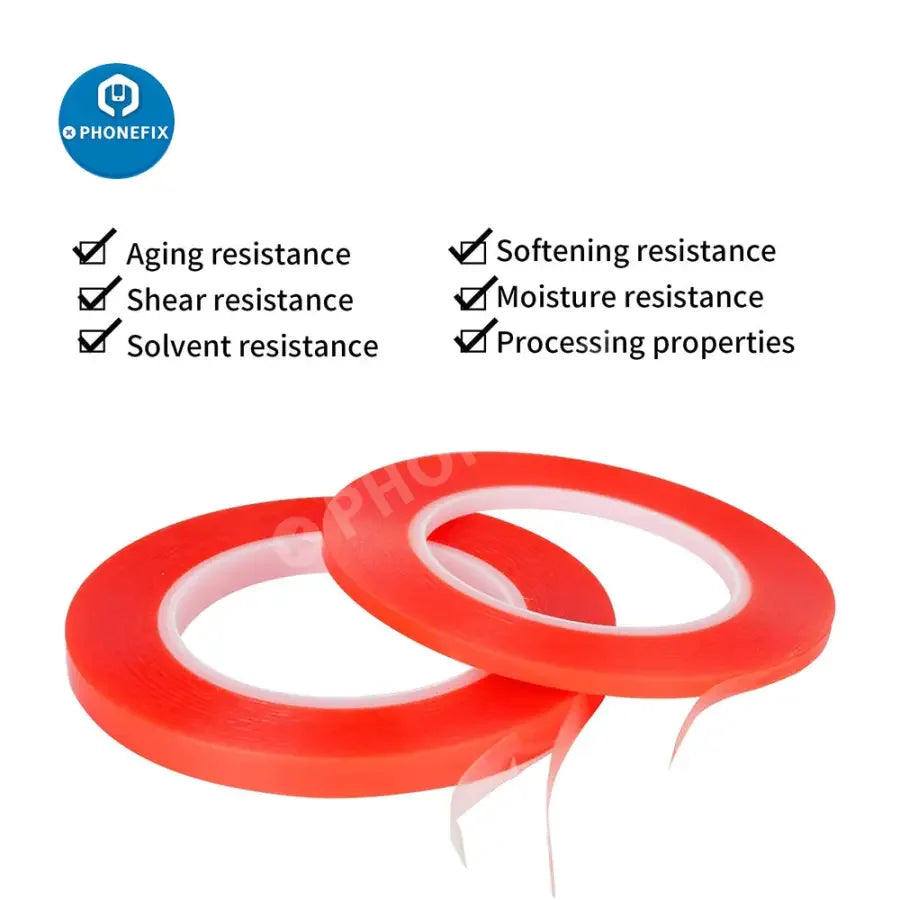 PhoneFix 5/10mm heat-resistant double-sided adhesive tape for phone repair, shown in a close-up image with tape roll and application area.