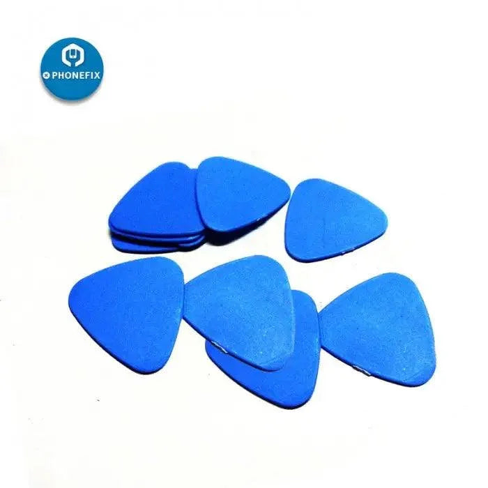 Two plastic triangle guitar pick pry tools for iPhone and iPad repair, used as phone opening tools by PHONEFIX.