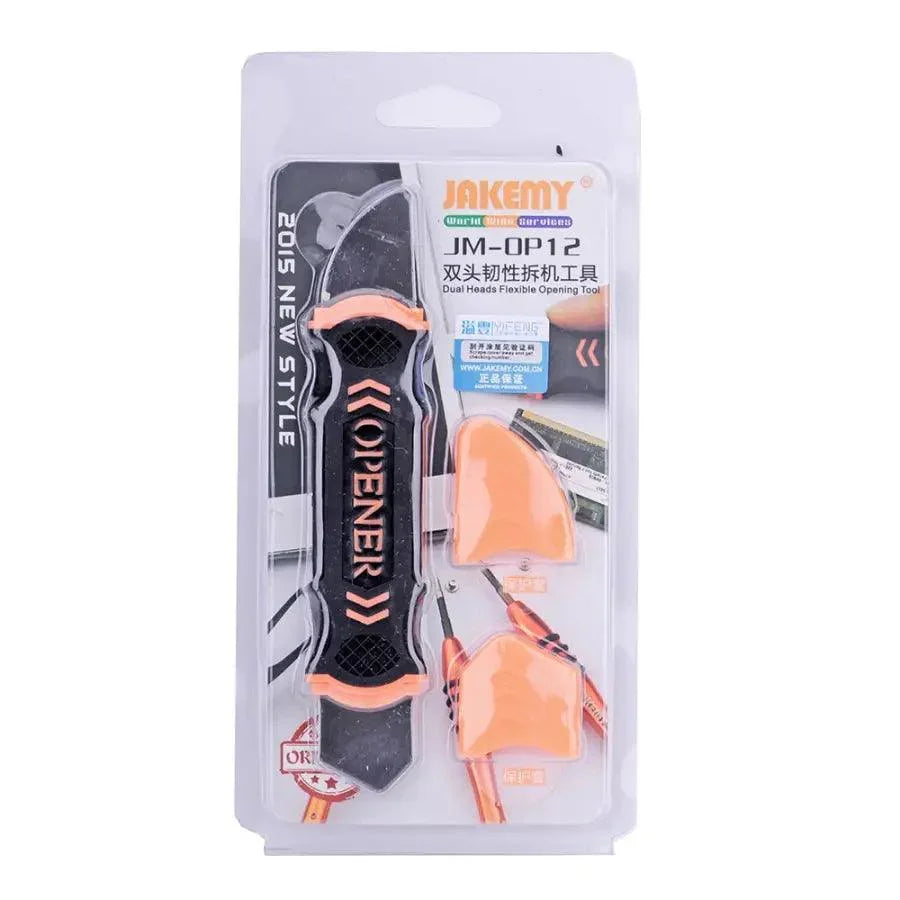 Jakemy JM-OP12 dual-head flexible phone opening prying tool by PHONEFIX, used for opening smartphone cases and screens.