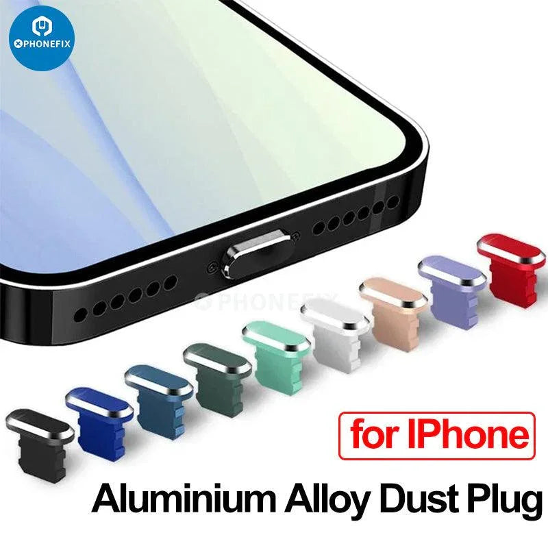 Aluminum alloy anti-dust plug for iPhone USB charging port, dustproof cap, PhoneFIX accessory for protecting phone ports.