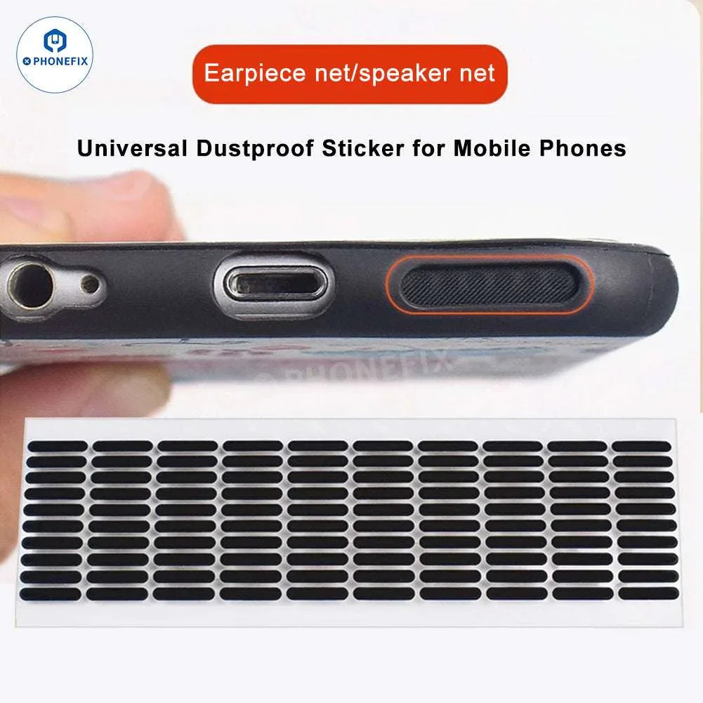 PhoneFIX universal dustproof net and speaker earpiece sticker installed on a smartphone for protection against dust and debris.
