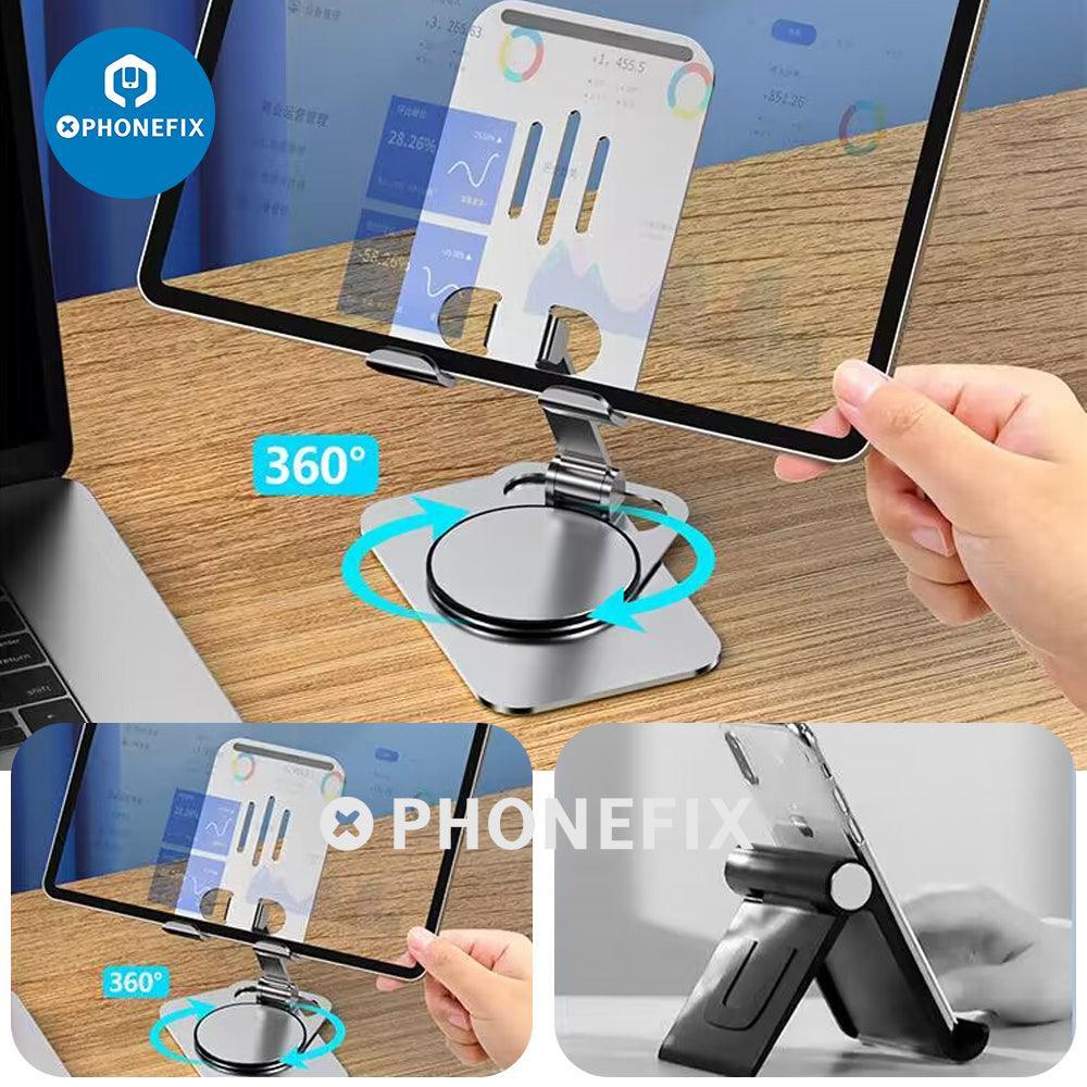 Adjustable PHONEFIX portable mobile phone and tablet desktop stand holding devices securely for hands-free use.