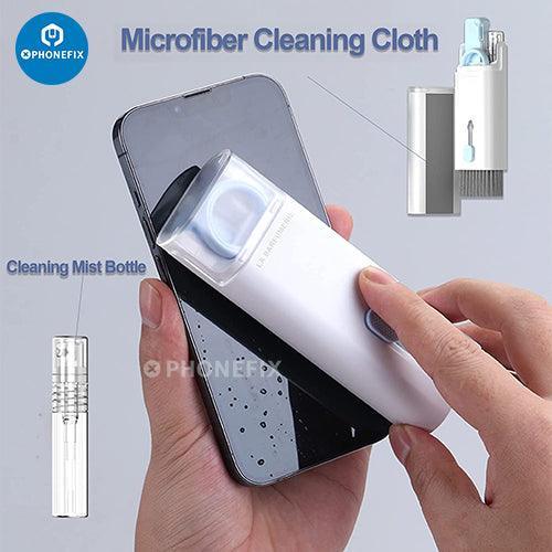 PHONEFIX multifunction electronics cleaner kit with tools for cleaning phones and tablets, featuring brushes and cleaning solution.
