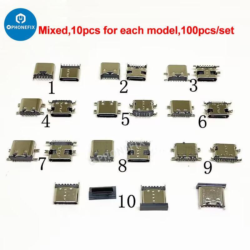 Micro USB 5-pin jack connector for Type-C female charging socket, PHONEFIX phone accessory showing the connector and socket details.