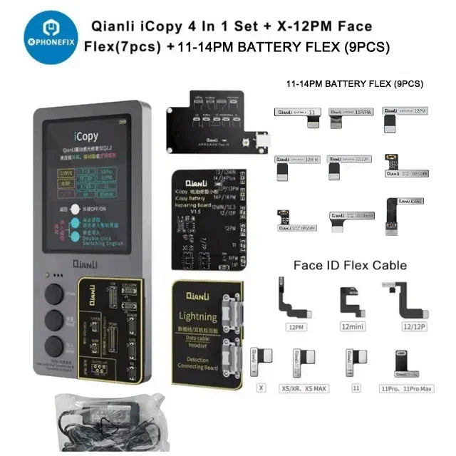 PHONEFIX QianLi iCopy Plus 2.2 phone programmer with battery light sensor board, showing the device and accessory components.