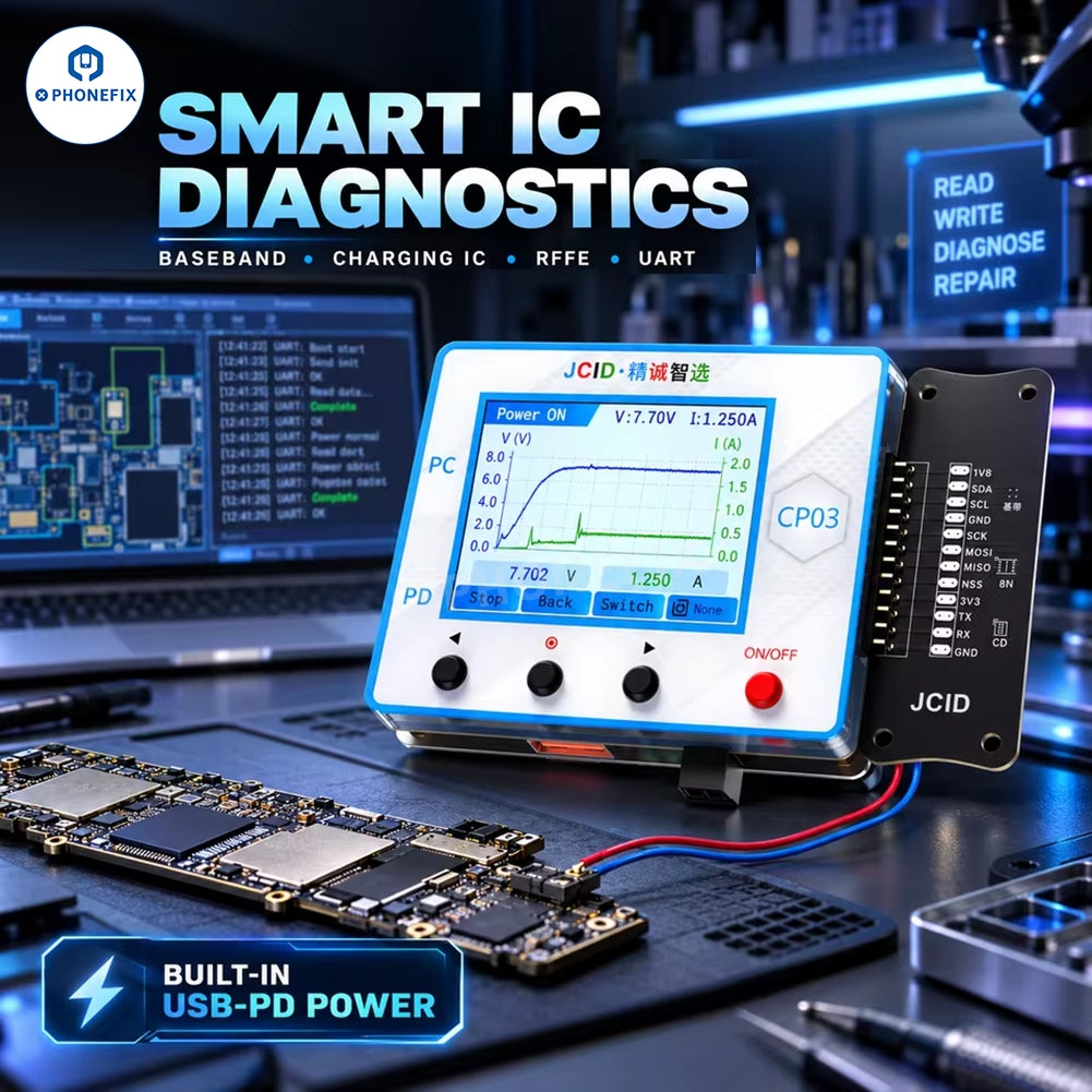 JCID CP03 phone programmer by PHONEFIX, a multifunctional IC programmer for phone repair with various connectors and ports.