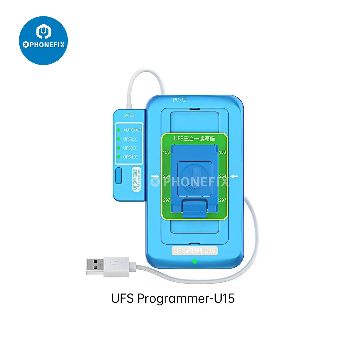 PhoneFIX JCID UFS Programmer U15 BGA153/254/297 3-in-1 read and write tool for phone repair with UFS memory modules.