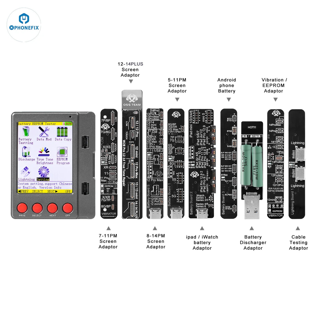 PHONEFIX W28 Pro Screen Battery Tester for iPhone, iPad, Apple Watch, and Android devices showing device screens and testing interface.
