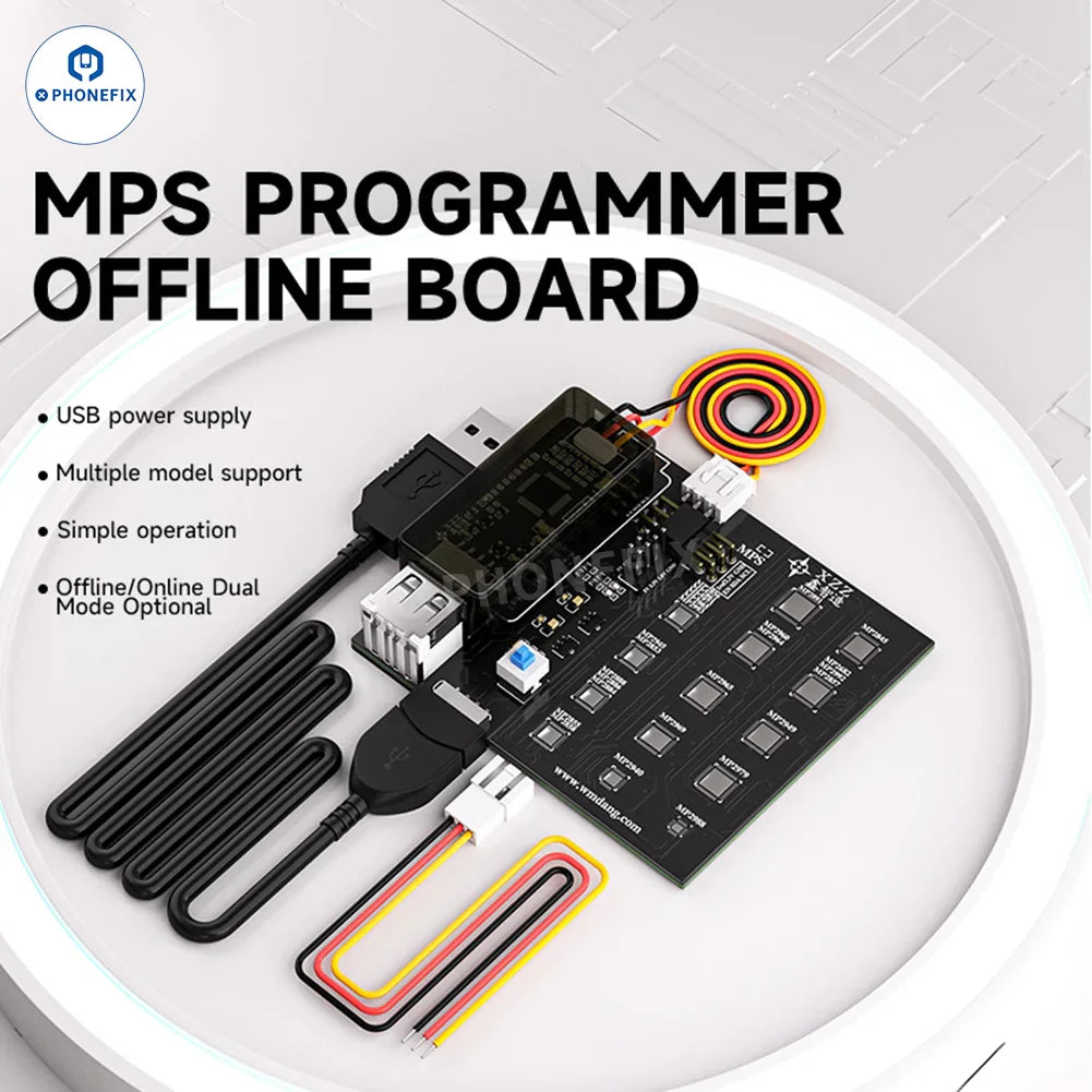 XZZ MPS Programmer offline board for phone chips, read/write tool by PHONEFIX, shown with circuit board and connector details.