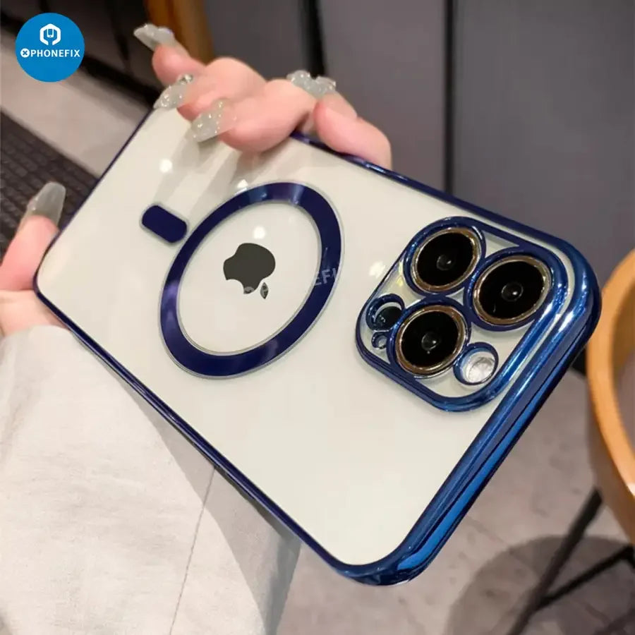 Clear phone protector case with MagSafe for iPhone 12-15 Pro Max by PHONEFIX, showing the transparent design and MagSafe compatibility.