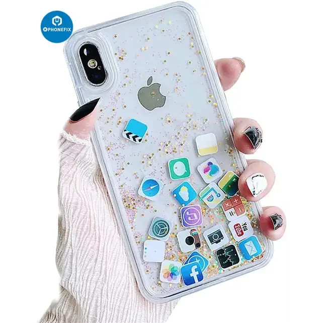 PhoneFIX glitter liquid quicksand back cover case for iPhone 7 to 16 Pro Max, featuring shimmering liquid design and protective material.