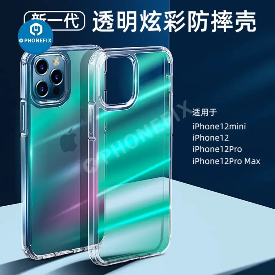 Clear acrylic TPU bumper case for iPhone 11-12 Pro Max by PHONEFIX, offering shockproof protection and slim design.