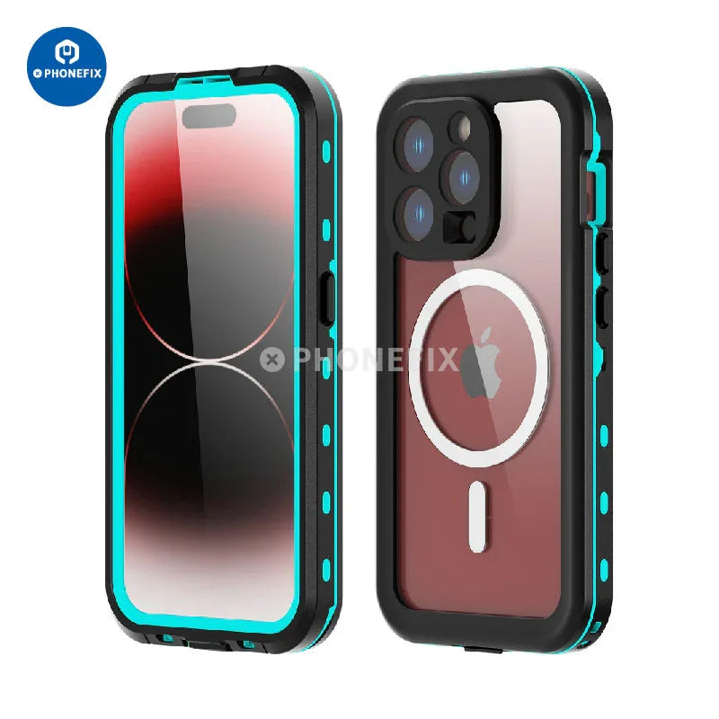 PHONEFIX waterproof full body protective phone case for iPhone 15 series, showing the durable, water-resistant design and secure fit.
