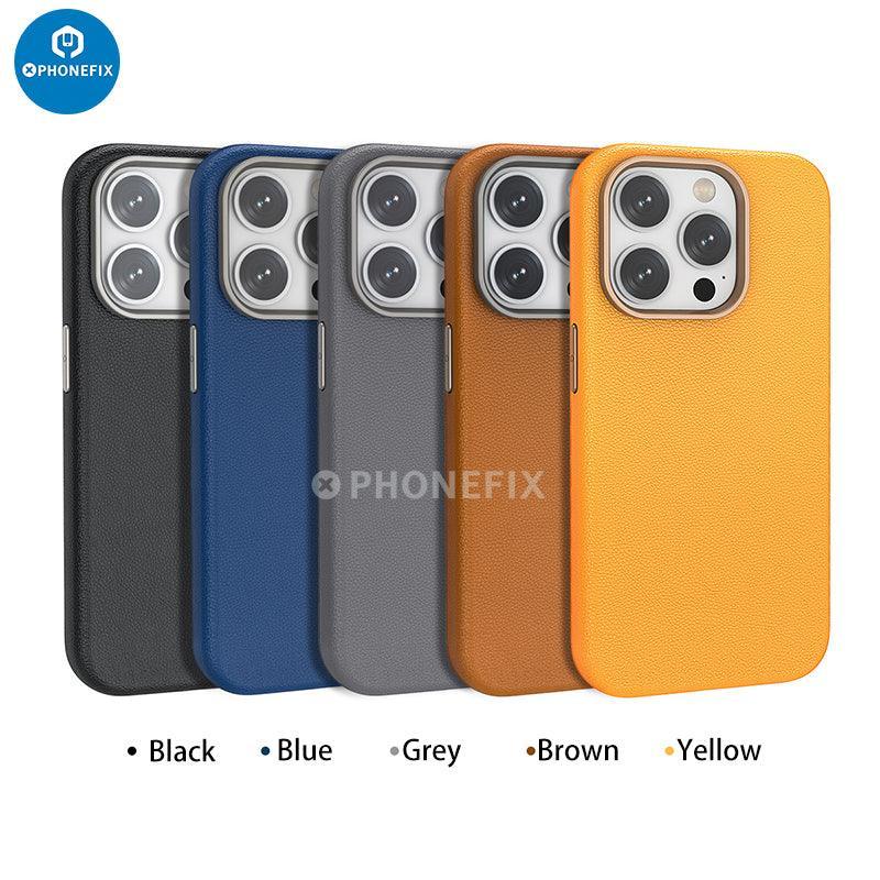Soft PU leather iPhone 15 case with MagSafe by PHONEFIX, showing the protective phone protector with a sleek design.