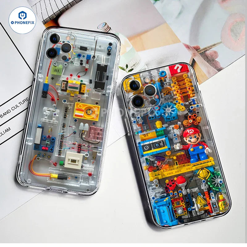 Transparent PHONEFIX Mario cartoon phone case for iPhone 12-16 Pro Max, featuring colorful Mario design and protective material.