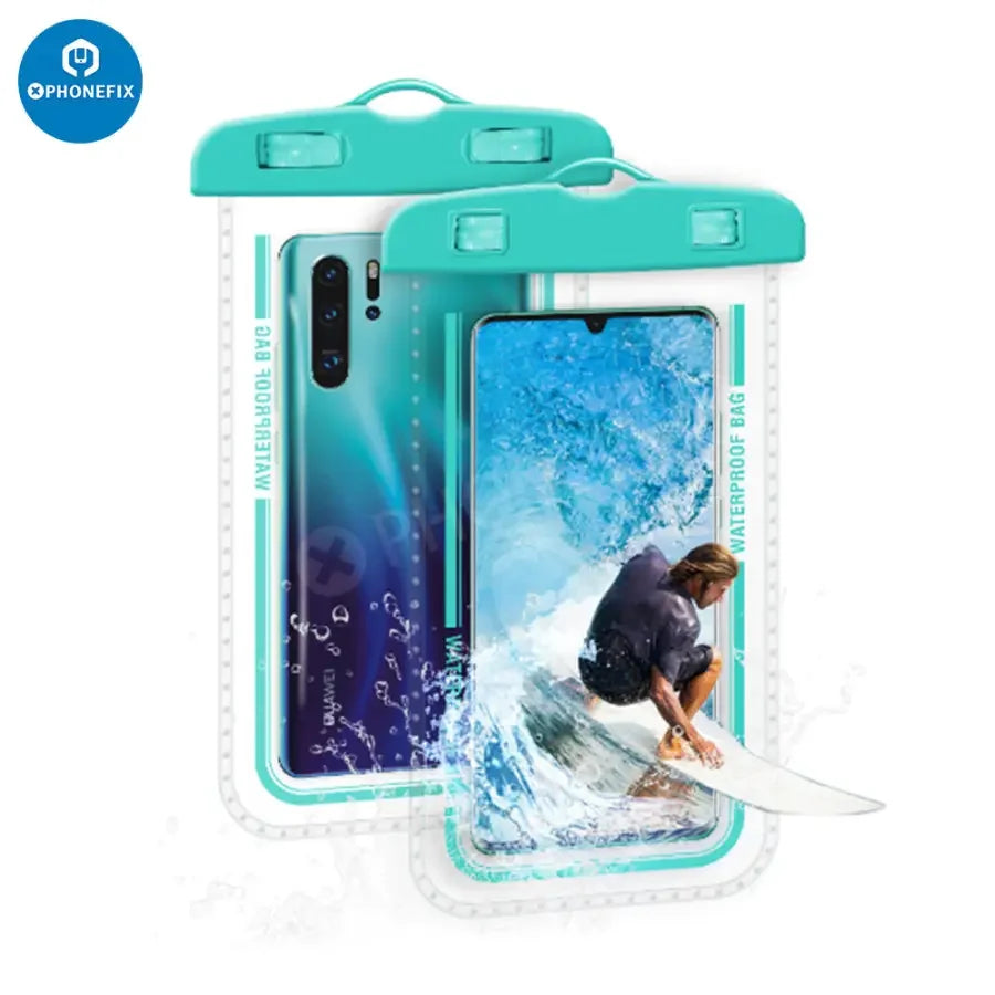 Transparent waterproof phone protector case by PHONEFIX designed for mobile phones, showcasing clear, durable material for water resistance.