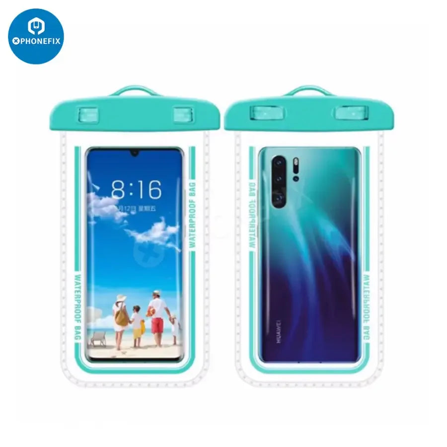 Transparent waterproof phone protector case by PHONEFIX designed for mobile phones, showcasing clear, waterproof material suited for protection.