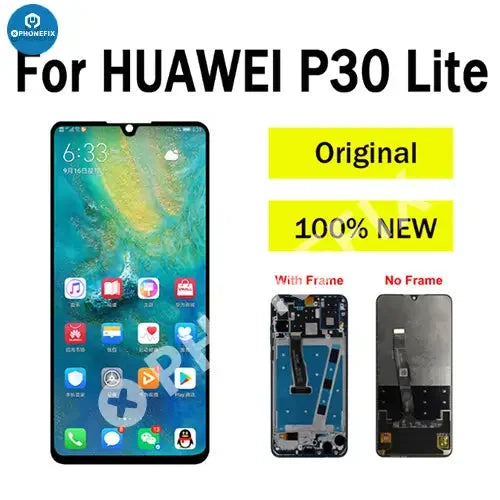 Huawei P30 Lite LCD display with original touch screen and frame, phone screen replacement by PHONEFIX.