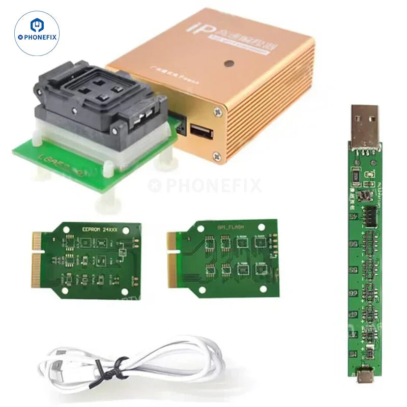 IP BOX V3 high-speed iPhone and iPad NAND flash programmer for phone unlocking by PHONEFIX, showing device interface and tools.