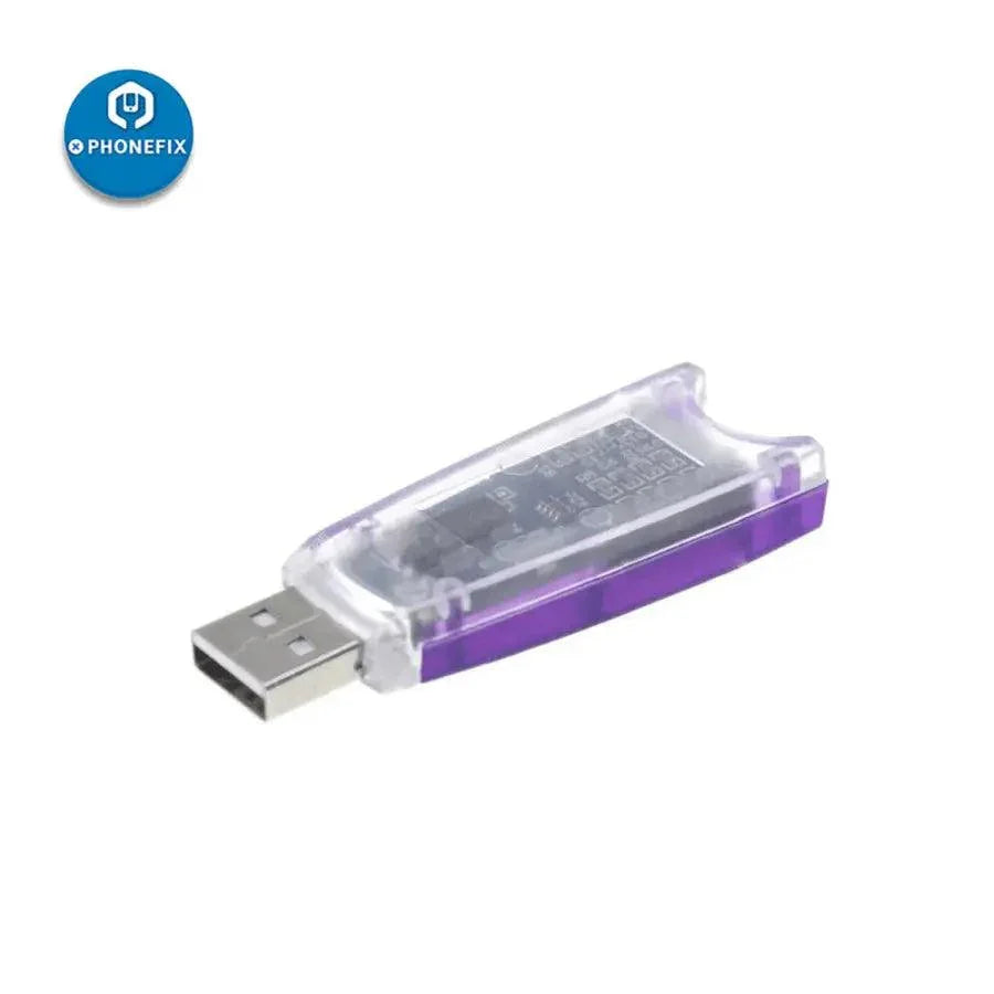 PHONEFIX Pkey USB Smart Card Reader for phone unlocking, compact dongle with card case and unlock functions, used for mobile device access.