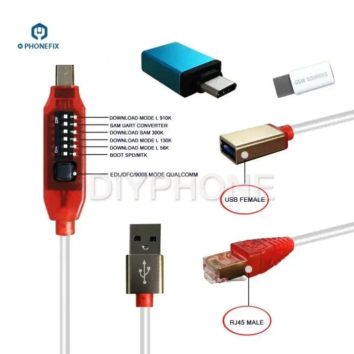 RJ45 all-in-one Micro USB boot cable for phone repair by PHONEFIX, used for unlocking and troubleshooting mobile devices.