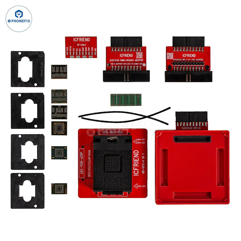 PHONEFIX ICFRIEND UFS BGA153/254/297/95 socket for easy JTAG Plus Box used in phone unlocking tools, shown with close-up of socket and connectors.