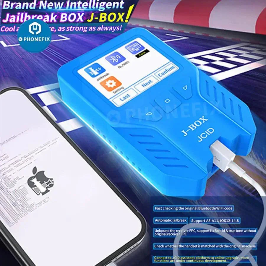 JCID Intelligent Jailbreak Box J-BOX by PHONEFIX used for bypassing iCloud passwords and ID on smartphones.