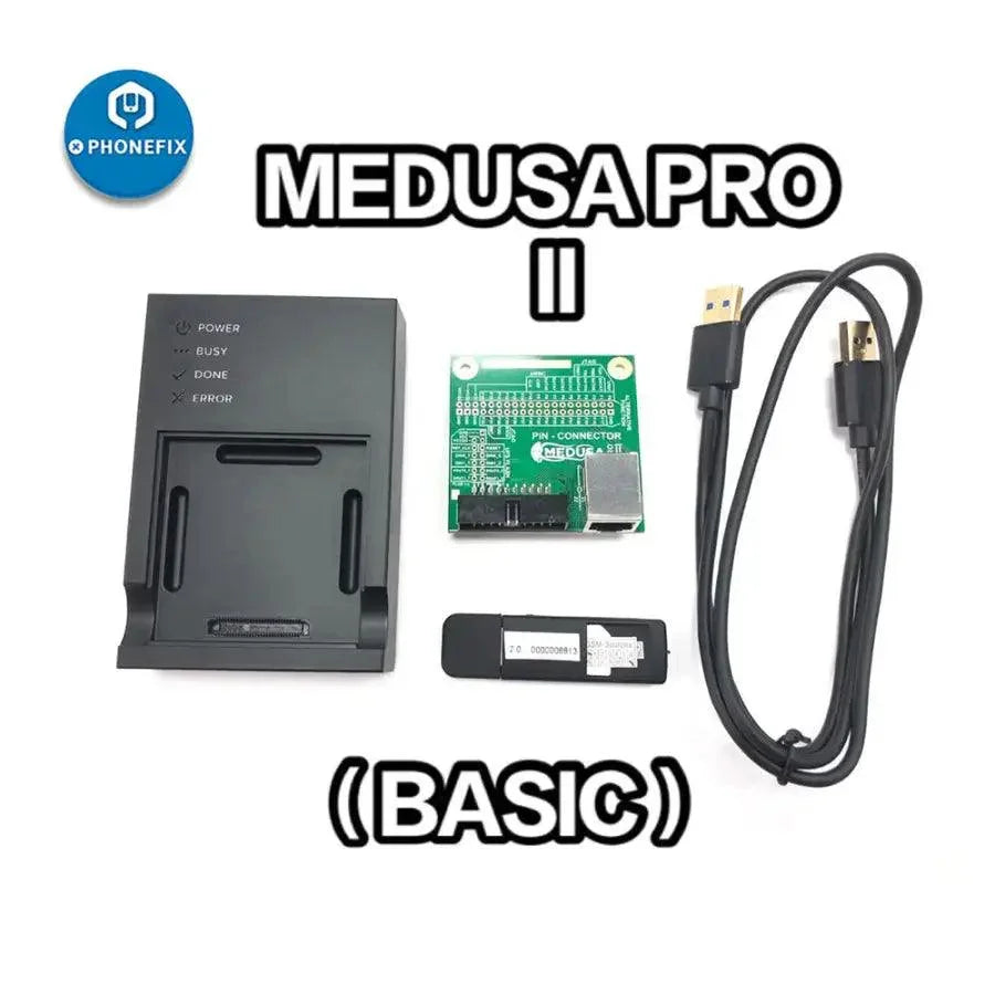 PhoneFix Medusa Pro II box with UFS95, UFS153, and eMMC 4-in-1 socket adapter for phone unlocking tools.