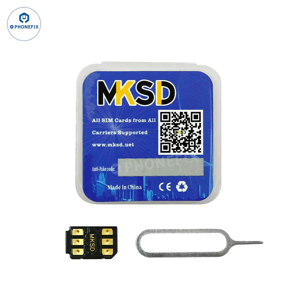 PHONEFIX MKSD iOS 18 SIM unlock card with adhesive for iPhone 16 series, used for phone unlocking and SIM card removal.