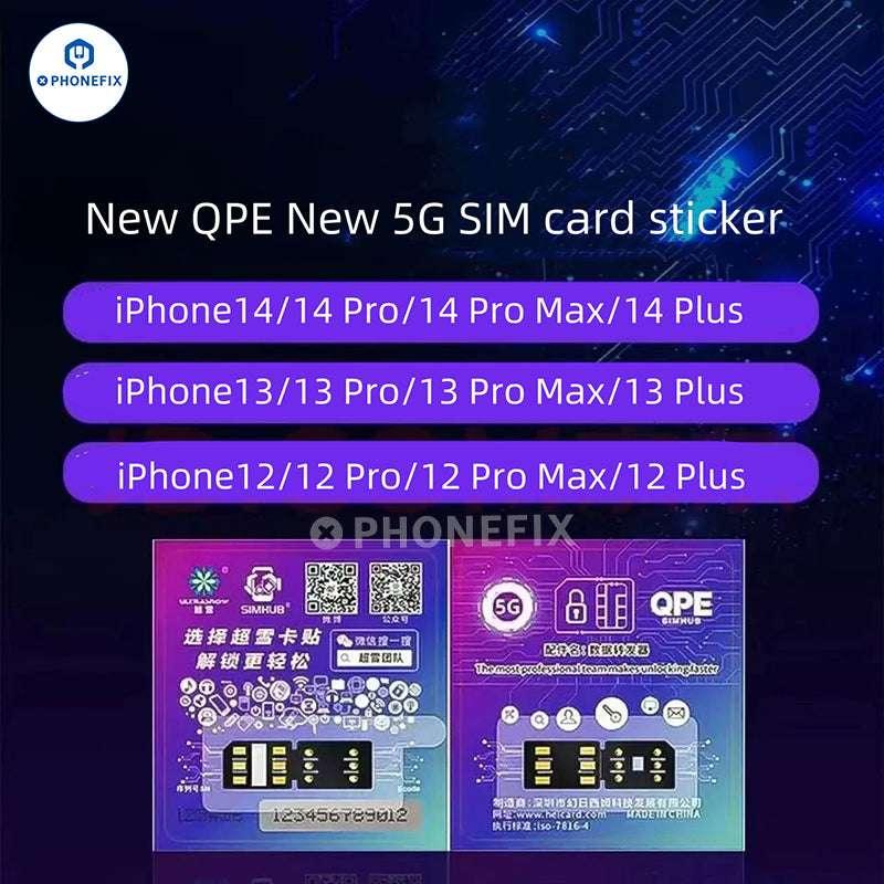 PHONEFIX QPE 5G eSIM unlocking card for iPhone 12-16 Pro Max, showing the compact unlocking tool and eSIM ECode for phone unlocking.