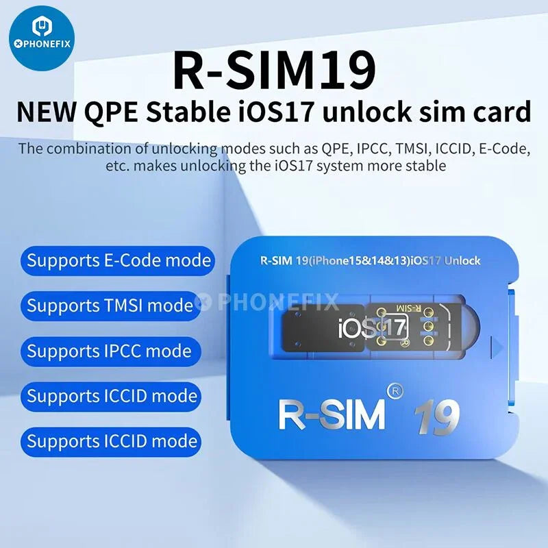 PhoneFIX R-SIM18 19 E-SIM 5G unlock card for iPhone 14 and 15 series, shown with SIM card and packaging.