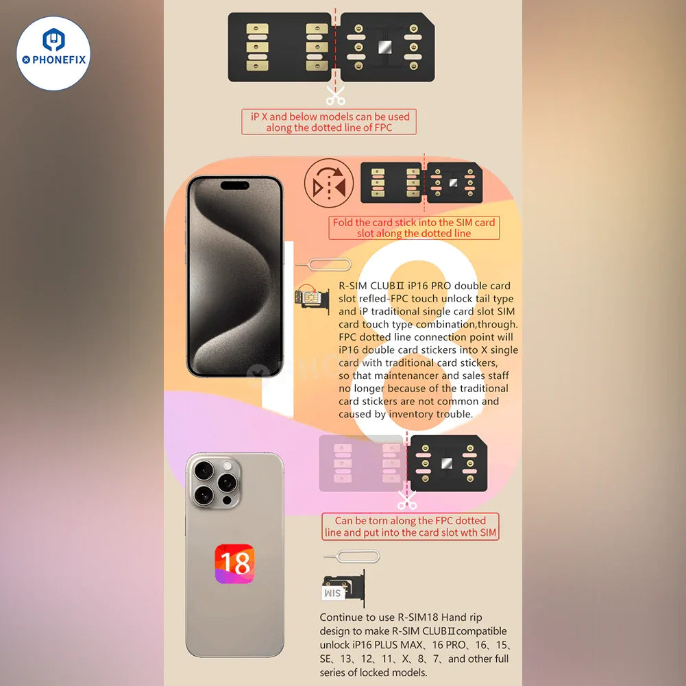 PHONEFIX R-SIM CLUB 2 unlock card for iPhone 16 with iOS 18, TMSI, eSIM, ICCID, and IPCC phone unlocking tools.