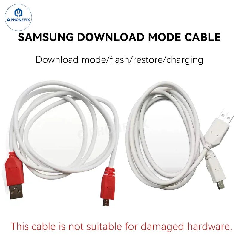 PhoneFix SAM Download Mode Tool charging cable for Samsung phones, used for flash restore and unlocking functions.