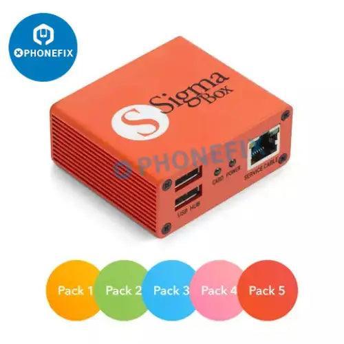 PhoneFix Activation Sigma Box for Samsung phones, used for flashing and unlocking mobile devices, in a compact unlocking tool.