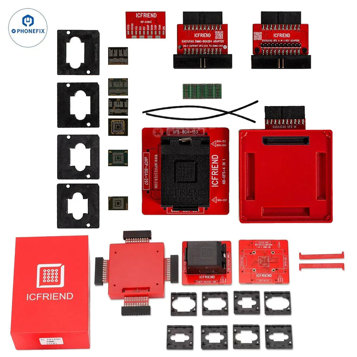 PHONEFIX MOORC ICFriend Adapter UFS Chip and EMATE EMMC BGA adapter for phone unlocking tools, with 6-in-1 and 13-in-1 configurations.