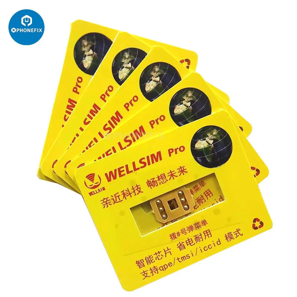 PHONEFIX WELLSIM Pro iPhone unlock card for solving SIM carrier invalid issues, shown with the compact unlocking tool.