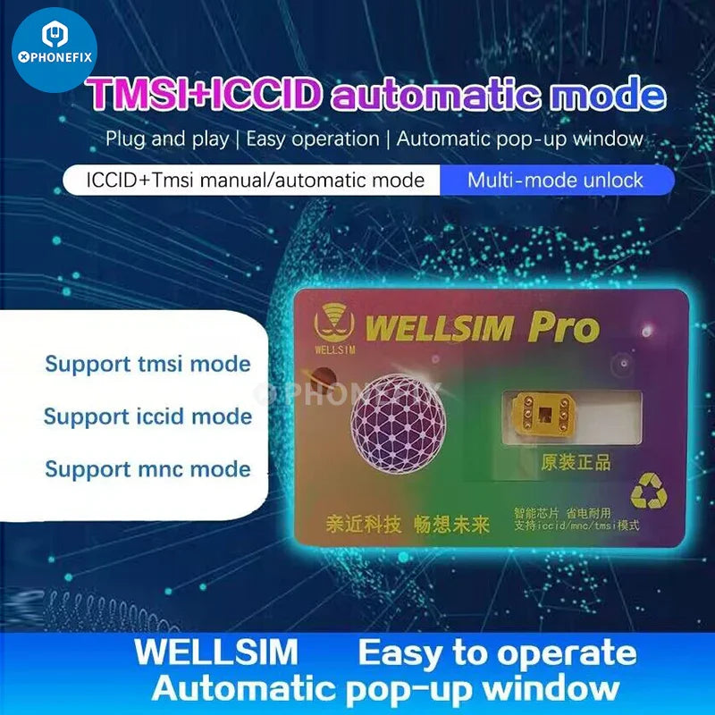 PHONEFIX WELLSIM Pro iPhone SIM unlock card for resolving SIM carrier invalid issues, showing the card and packaging.