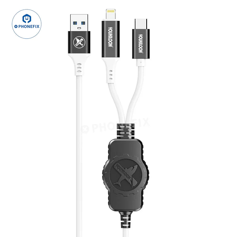 PHONEFIX YOU-IR2 Restore Easy Lightning Type-C 2-in-1 recovery cable for iPhone, shown connected to device.